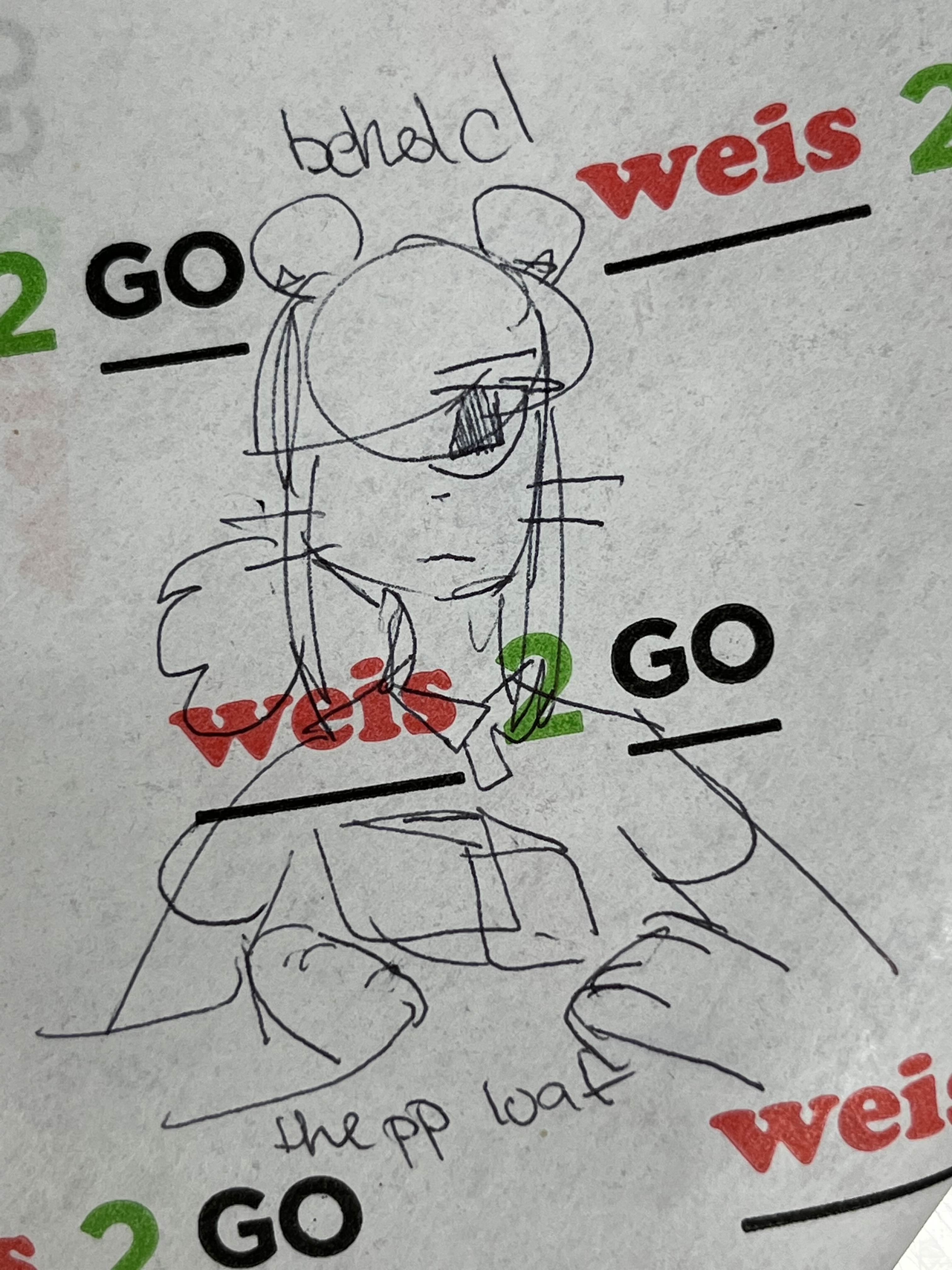 Brie holding a cube, doodled on Weis2Go paper and captioned 'behold, the pp loaf'